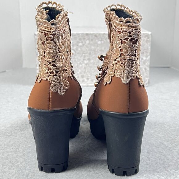 Platform Chunky Heel Lace Trim Ankle Boots Womens EU 38 US 7.5 Tan Fall Winter - Picture 8 of 11